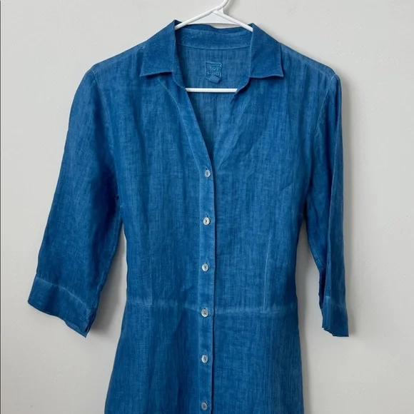 120% Lino 100% Linen Blue Button Front Tie Waist Midi Shirt Dress Size: 42 - Picture 2 of 12
